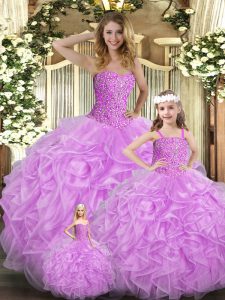 Lilac Sleeveless Floor Length Beading and Ruffles Lace Up Quinceanera Dresses
