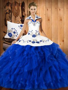 Halter Top Sleeveless Satin and Organza Quince Ball Gowns Embroidery and Ruffles Lace Up