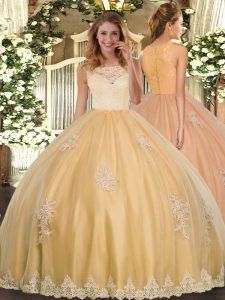 Shining Floor Length Gold 15 Quinceanera Dress Tulle Sleeveless Lace and Appliques