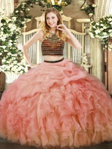 Sleeveless Floor Length Beading and Ruffles Zipper Quinceanera Dress with Baby Pink