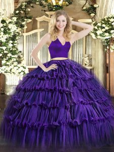 Charming Halter Top Sleeveless Zipper 15th Birthday Dress Purple Organza