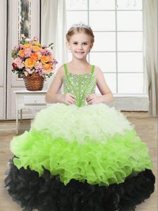 One Shoulder Sleeveless Organza Pageant Gowns For Girls Beading and Ruffles Zipper