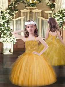 Custom Designed Floor Length Lace Up Child Pageant Dress Gold for Party and Quinceanera with Beading and Ruffles
