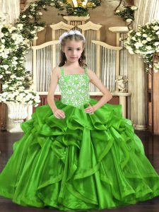 Sleeveless Organza Floor Length Lace Up Girls Pageant Dresses in Green with Beading and Ruffles