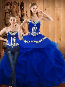 Ideal Blue Sleeveless Embroidery and Ruffles Floor Length Quince Ball Gowns