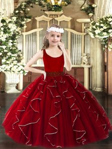Wine Red Sleeveless Floor Length Beading and Ruffles Zipper High School Pageant Dress