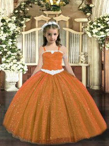 Tulle Straps Sleeveless Lace Up Appliques Little Girls Pageant Gowns in Rust Red