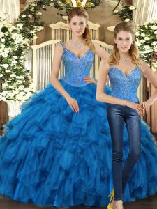Superior Straps Sleeveless Quinceanera Dresses Floor Length Beading and Ruffles Teal Organza