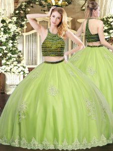 Fine Yellow Green Zipper Halter Top Beading and Appliques 15 Quinceanera Dress Tulle Sleeveless