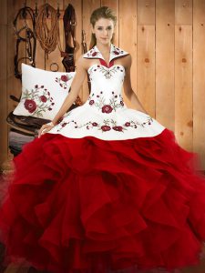 Fabulous Floor Length Wine Red Ball Gown Prom Dress Halter Top Sleeveless Lace Up
