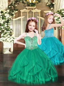 Latest Turquoise Ball Gowns Tulle Spaghetti Straps Sleeveless Beading and Ruffles Floor Length Lace Up Winning Pageant Gowns