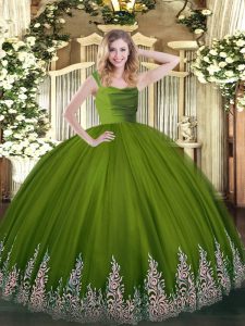 Floor Length Zipper Sweet 16 Dresses Olive Green for Sweet 16 and Quinceanera with Beading and Appliques