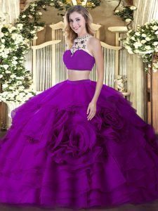 Colorful Sleeveless Beading and Ruffled Layers Backless Quinceanera Gowns