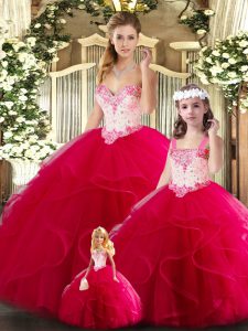 Sleeveless Tulle Floor Length Lace Up Sweet 16 Dress in Red with Beading and Ruffles