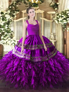 Straps Sleeveless Quince Ball Gowns Floor Length Beading and Lace and Ruffles Fuchsia Organza