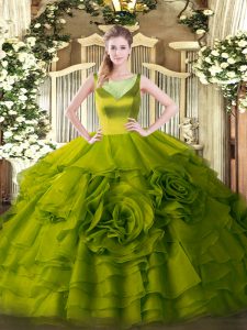 Floor Length Olive Green Quinceanera Gowns Organza Sleeveless Beading and Ruffled Layers