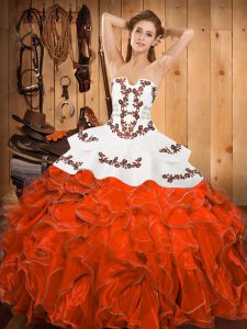 Rust Red Ball Gowns Satin and Organza Strapless Sleeveless Embroidery and Ruffles Floor Length Lace Up Sweet 16 Dresses