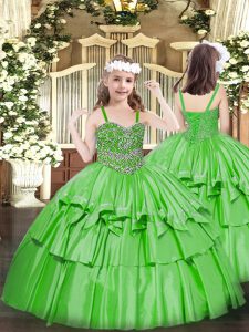 Sleeveless Floor Length Beading and Ruffled Layers Lace Up Pageant Dress Toddler with Green