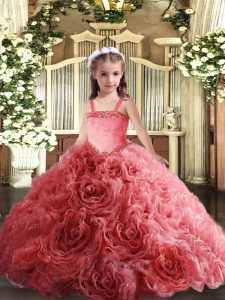 Custom Fit Coral Red Sleeveless Floor Length Appliques Lace Up Little Girls Pageant Dress Wholesale