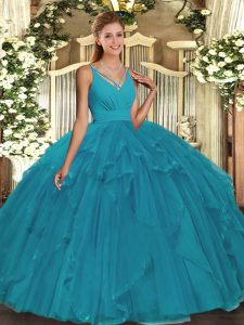 Fancy V-neck Sleeveless Backless Quinceanera Gown Teal Organza