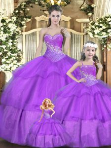 Adorable Lilac Lace Up Sweetheart Beading and Ruffles and Ruching Quinceanera Gowns Tulle Sleeveless