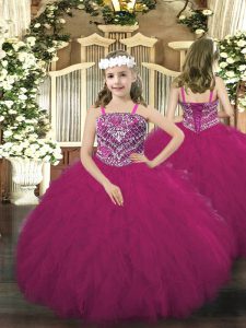 High End Straps Sleeveless Little Girls Pageant Dress Floor Length Beading and Ruffles Fuchsia Tulle