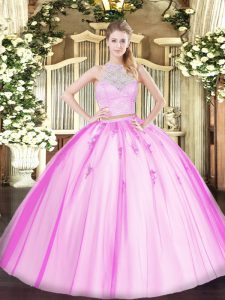 Spectacular Fuchsia Sleeveless Lace and Appliques Floor Length Quinceanera Gowns