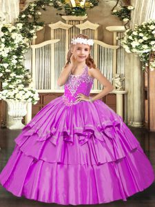 Lilac Ball Gowns Organza V-neck Sleeveless Beading and Ruffled Layers Floor Length Lace Up Pageant Dress