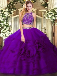 Fitting Sleeveless Beading and Ruffled Layers Zipper Quince Ball Gowns