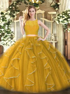 High Class Gold Organza Zipper Quinceanera Gown Sleeveless Floor Length Lace and Ruffles