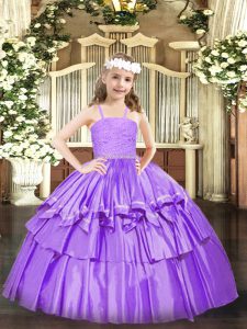 Lavender Ball Gowns Beading and Lace and Ruffled Layers Little Girl Pageant Gowns Zipper Organza Sleeveless Floor Length