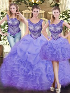 Elegant Lavender Scoop Lace Up Beading and Ruffles 15 Quinceanera Dress Sleeveless