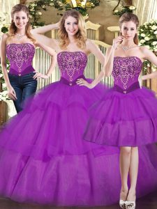 New Style Sleeveless Floor Length Beading and Ruffled Layers Lace Up 15 Quinceanera Dress with Eggplant Purple