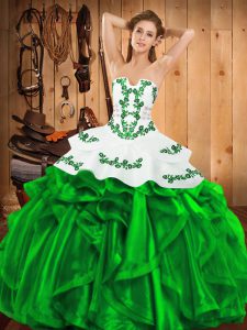 Satin and Organza Sleeveless Floor Length Quinceanera Dress and Embroidery and Ruffles