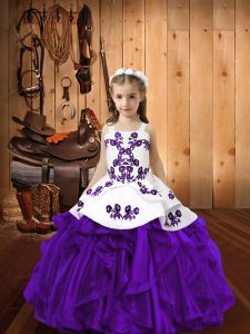 Eggplant Purple Organza Lace Up Little Girls Pageant Gowns Sleeveless Floor Length Embroidery and Ruffles