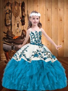 Enchanting Ball Gowns Pageant Dress for Teens Baby Blue Straps Organza Sleeveless Floor Length Lace Up