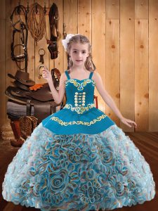 Gorgeous Multi-color Lace Up Straps Embroidery and Ruffles Pageant Dress Toddler Fabric With Rolling Flowers Sleeveless