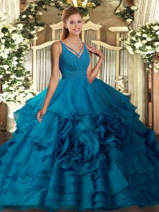 Exquisite Blue Fabric With Rolling Flowers Backless Quinceanera Gowns Sleeveless Floor Length Ruffles