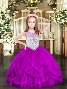 Elegant Fuchsia Tulle Zipper Scoop Sleeveless Floor Length Pageant Dress for Girls Beading and Ruffles