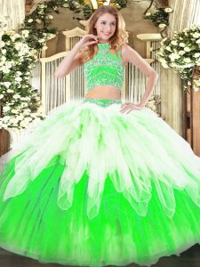 Chic Floor Length Backless 15th Birthday Dress Multi-color for Military Ball and Sweet 16 and Quinceanera with Beading and Ruffles