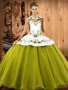 Beauteous Halter Top Sleeveless Lace Up Quince Ball Gowns Olive Green Satin and Tulle
