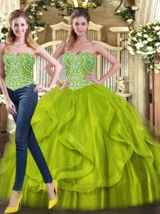 Floor Length Lace Up Quinceanera Gown Olive Green for Military Ball and Sweet 16 and Quinceanera with Beading and Ruffles