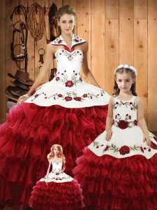 Deluxe Wine Red Sleeveless Floor Length Embroidery and Ruffles Lace Up Sweet 16 Quinceanera Dress