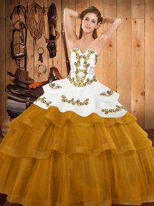 Custom Design Gold Sweet 16 Dresses Strapless Sleeveless Sweep Train Lace Up