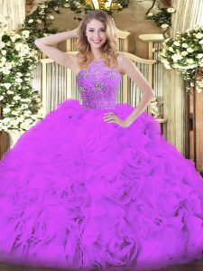Tulle Halter Top Sleeveless Zipper Beading and Ruffles Quince Ball Gowns in Eggplant Purple