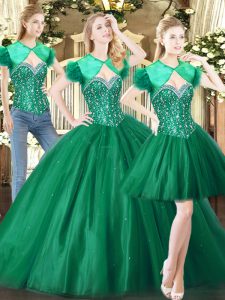 Gorgeous Green Lace Up Sweetheart Beading Sweet 16 Quinceanera Dress Tulle Sleeveless
