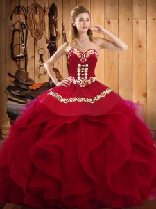 Sumptuous Burgundy Sweetheart Lace Up Embroidery and Ruffles Quinceanera Gown Sleeveless