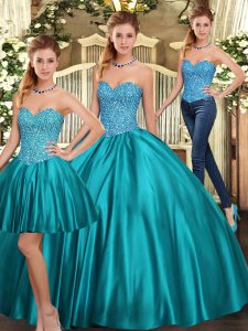 Teal Tulle Lace Up Sweetheart Sleeveless Floor Length 15th Birthday Dress Beading