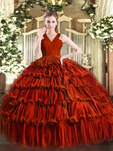 Rust Red Ball Gown Prom Dress Military Ball and Sweet 16 and Quinceanera with Ruffled Layers V-neck Sleeveless Zipper