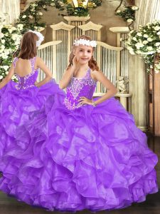 Floor Length Lace Up Pageant Dress Toddler Lavender for Party and Quinceanera with Beading and Ruffles